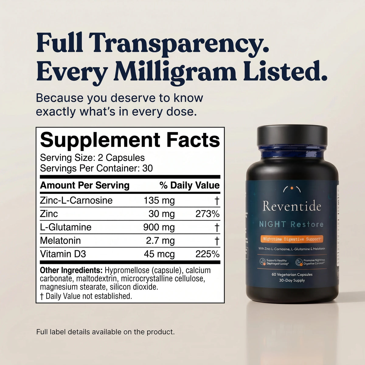 Reventide Night Restore Supplement Facts — every milligram listed