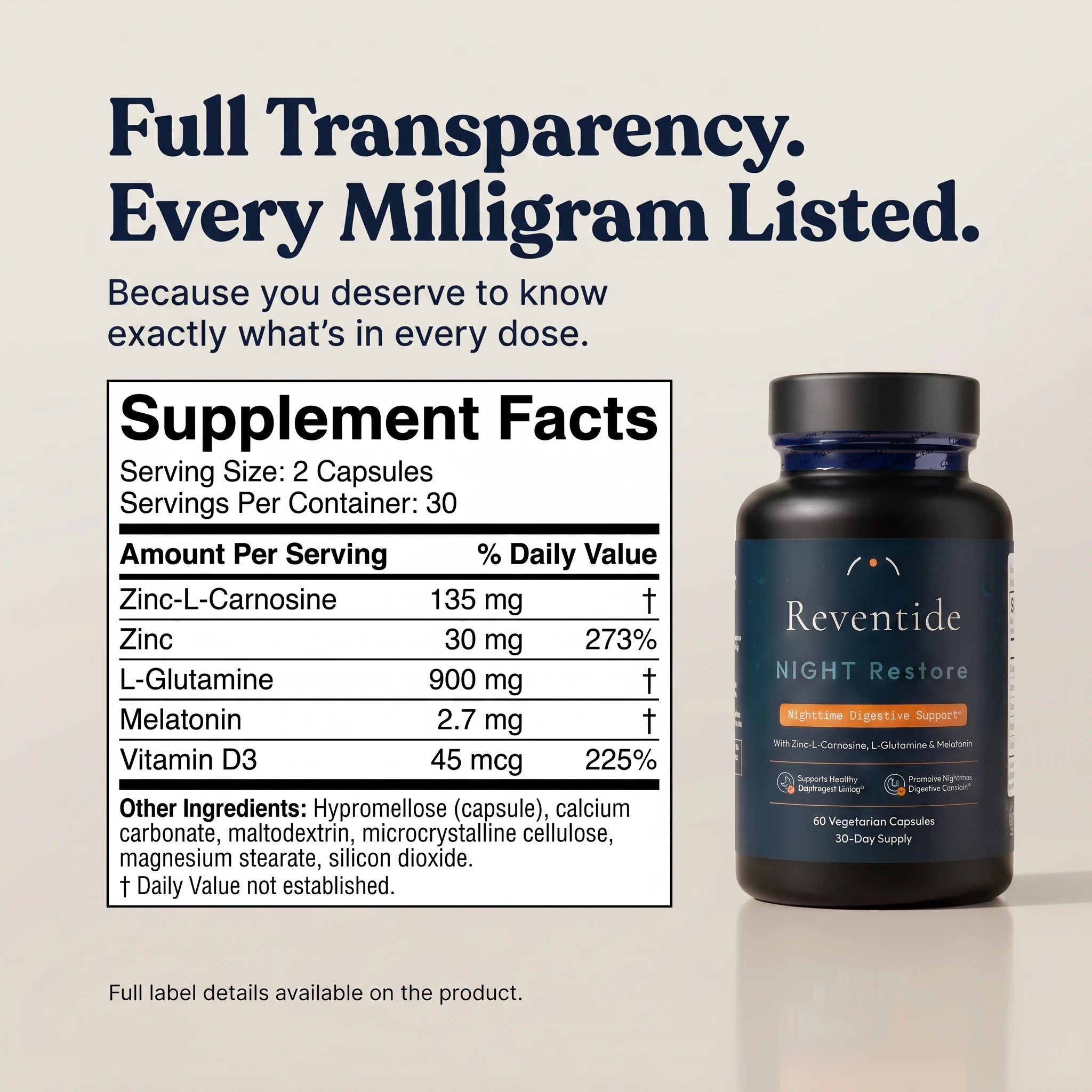 Reventide Night Restore Supplement Facts — every milligram listed