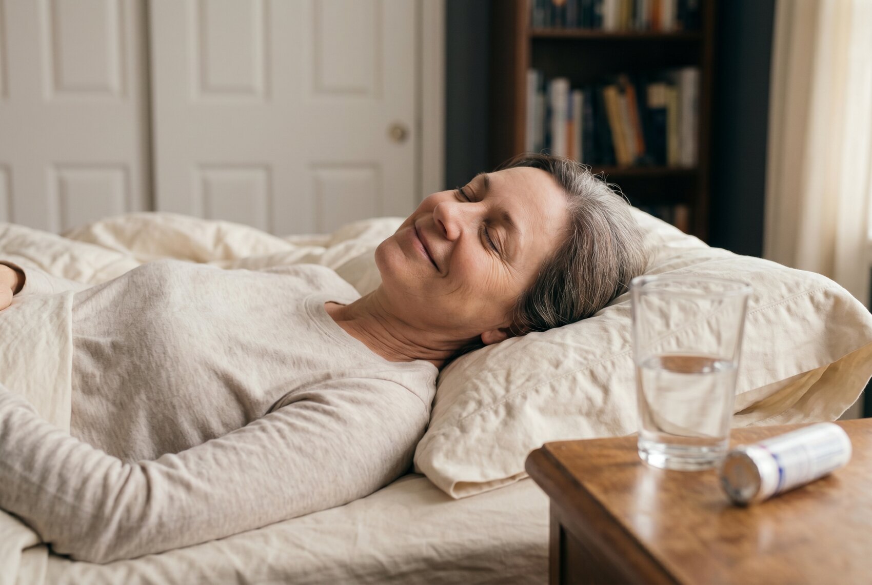 The same woman waking calm and rested, lying flat on her pillow in soft morning light.