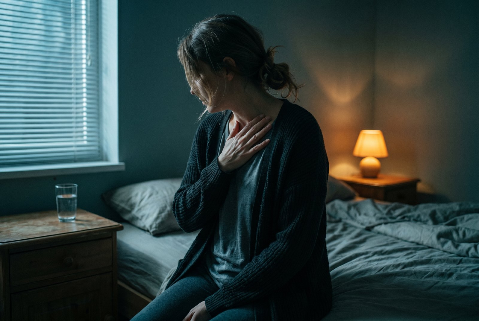 A woman in her early fifties sitting up in a dark bedroom at night, one hand on her chest.