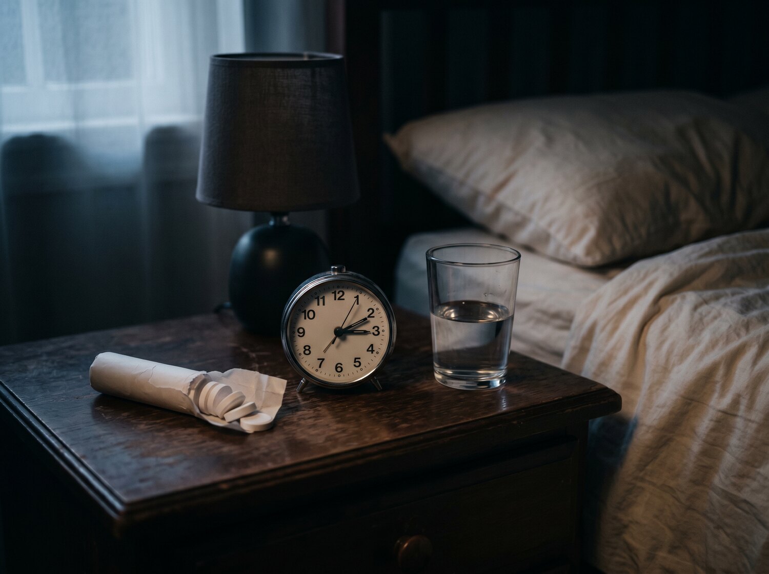 A dark nightstand at night with an old alarm clock, a roll of antacid tablets and a glass of water.