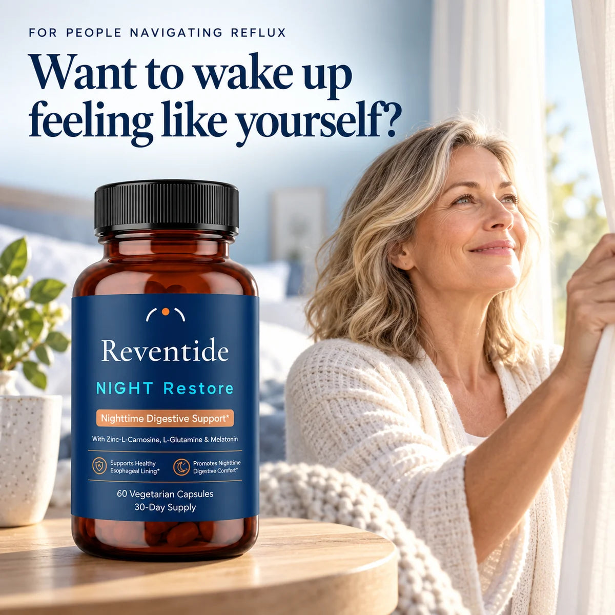 NIGHT Restore bottle — included with DAY Shield in each kit — aspirational lifestyle imagery