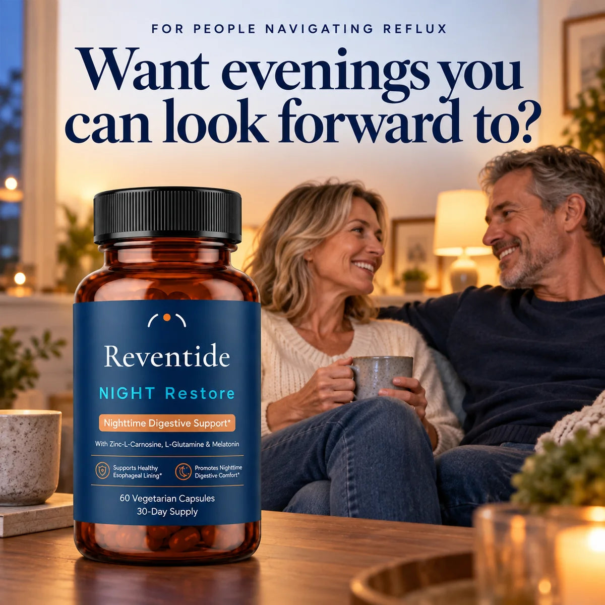 NIGHT Restore beside water and two capsules on a bedside table — aspirational lifestyle imagery